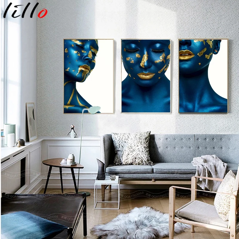 Настенная картина в скандинавском стиле с изображением женщины синего и