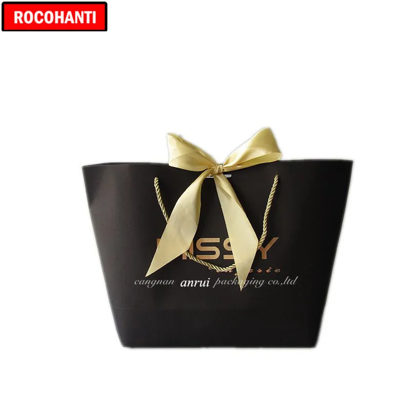 50X Custom Printed Your Own Logo Thick 250grams Black Cardboard Paper Clothing Gift Shopping Paper Bag With Gold Ribbon Handles