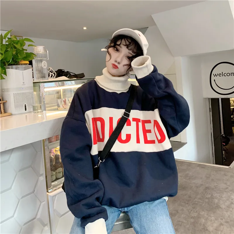 

Harajuku Turtleneck Sweatshirt Women Kpop Clothes Winter Korean Fashion Women Letter Printing Sweatshirt Thick Loose Tops