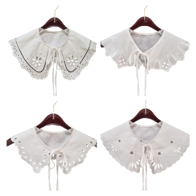 

L5YA Womens White Hollow Out Lace False Collar Embroidery Floral Lapel Necklace Shawl Detachable Bowknot Lolita Mini Poncho
