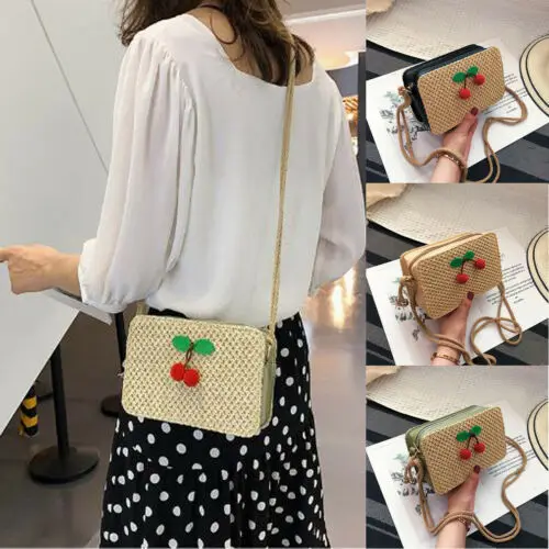 

Women Girls Cherry Rattan Straw Bag Woven Handbag Crossbody Beach Summer Bags