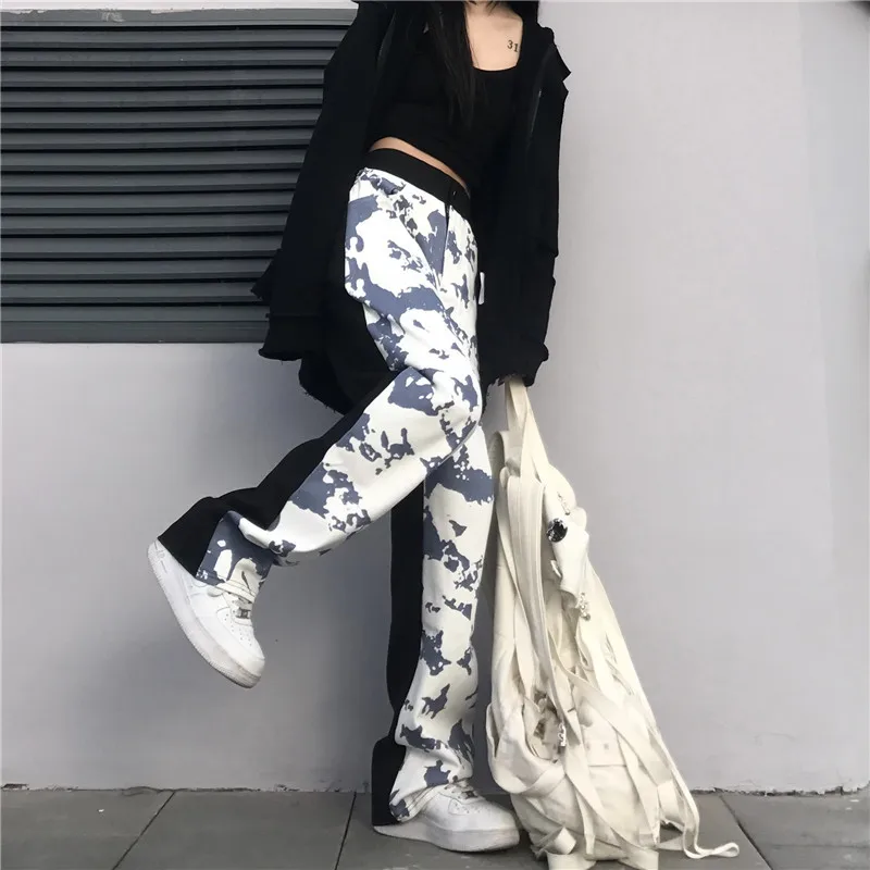 

InsGoth Harajuku Cow Print Black Pants Streetwear High Waist Patchwork Straight Trousers Goth Grunge Loose Elastic Waist Pants