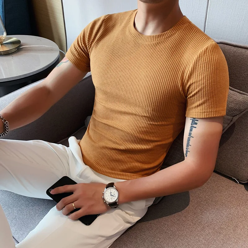 Summer Waffle Fabric Short Sleeve T-Shirts Men Clothing 2022 Simple O-Neck Slim Fit Casual Tee Shirt Homme Streetwear 6Colors