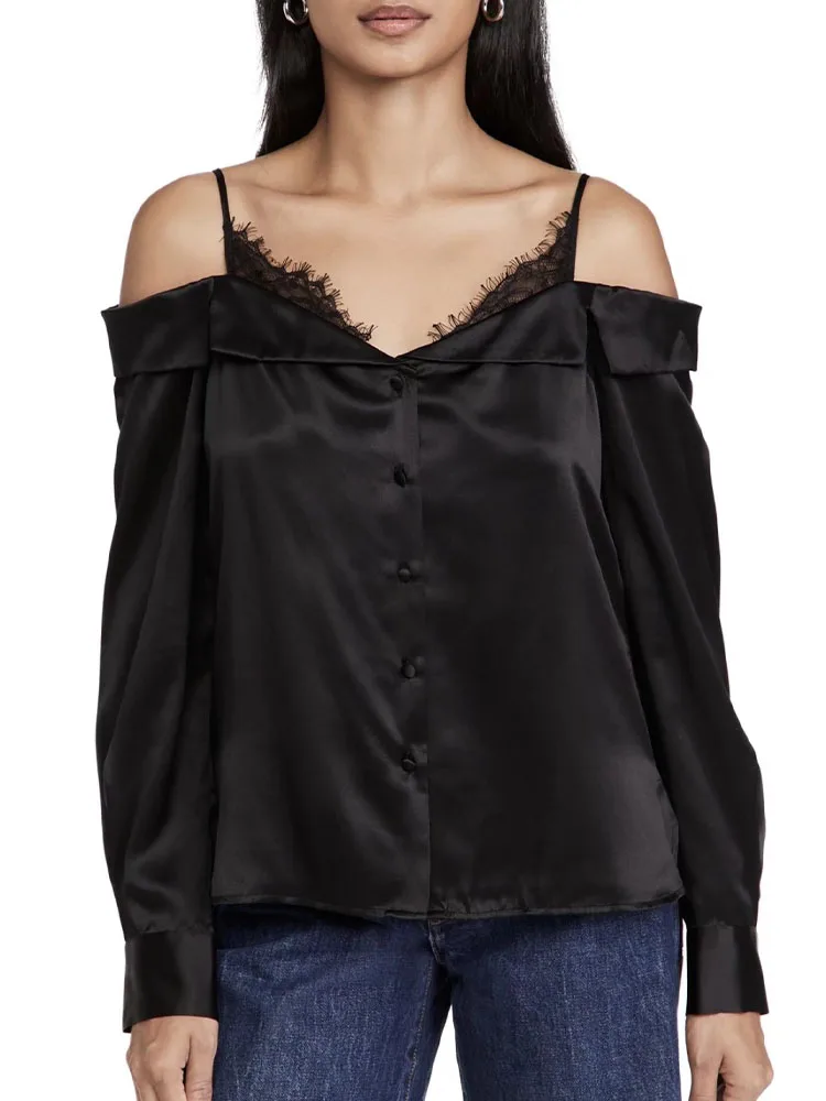 

ZA autumn new products women's sexy temperament lace stitching sling single-breasted long-sleeved off-the-shoulder top