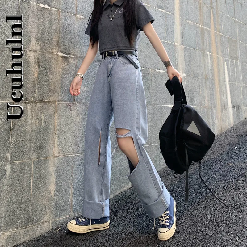 

Ucuhulnl Hollow Out Jeans for Women Wide Leg Pants Female Korean Fashion 2021 Loose Men Mujer Pantalones High Waist Trousers