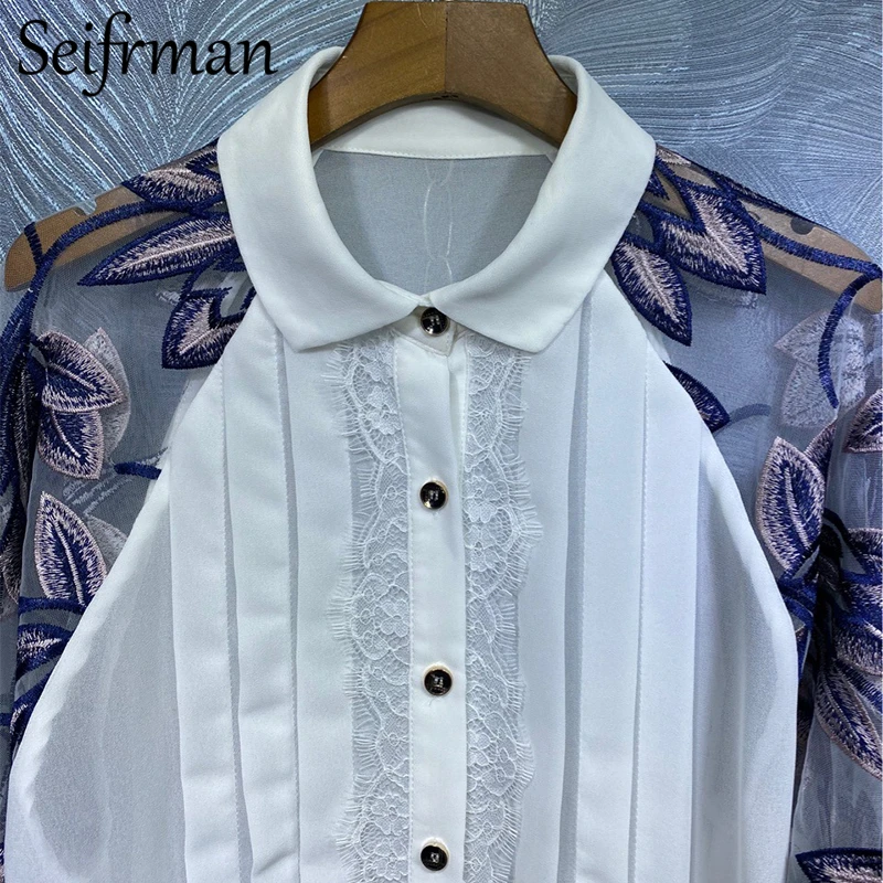 

Seifrmann Women Fashion Autumn DesignerShirt Lantern Sleeve Embroidery Lace Print Ladies Loose Patchwork Blouses Tops 2020