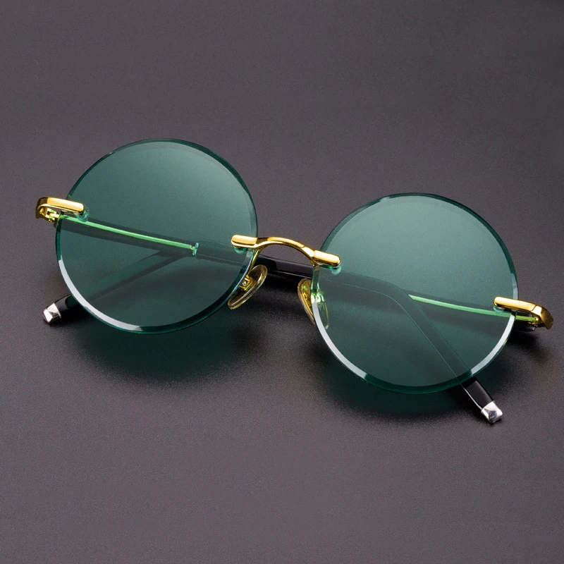 Crystal Stone Sunglasses Man Green Glass Sun Glasses Woman Rimless Round Driver Shade Vintage Luxury High Quality Anti Scratch