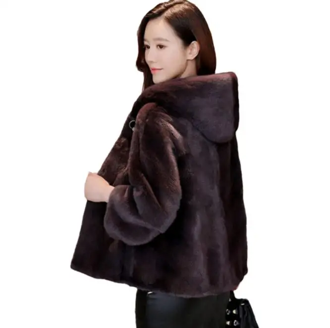 

L/9Xl Women Imitation Fur Jackets Short Section Hooded Winter Autumn Warm Long Sleeved Fake Mink Fur Outwears Sexy Coats J3407