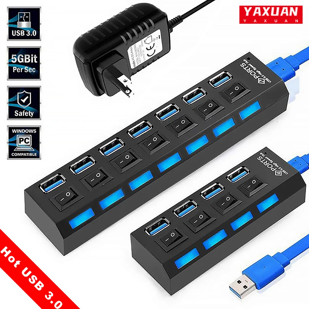 

Hub USB 3.0 Portable Multiple USB Splitter Hub use Power Adapter 4/7 Port Multiple Expander 2.0 USB 3 hub for PC Mac,with Switch