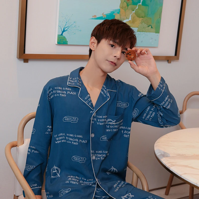 Осенне-зимняя пижама из 100% хлопка для мужчин спальная одежда отдыха пижамы синее