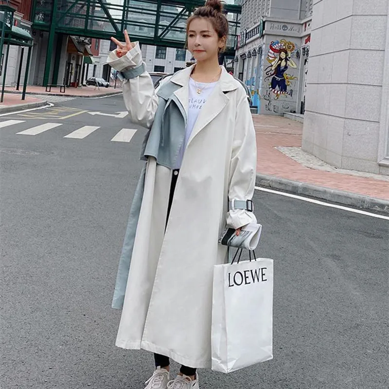 

Women's Windbreaker Spring Autumn Loose Long Cloak Casual Ladies Jacket Big Size Beige Blue Stitching Quality Trench Coat Female