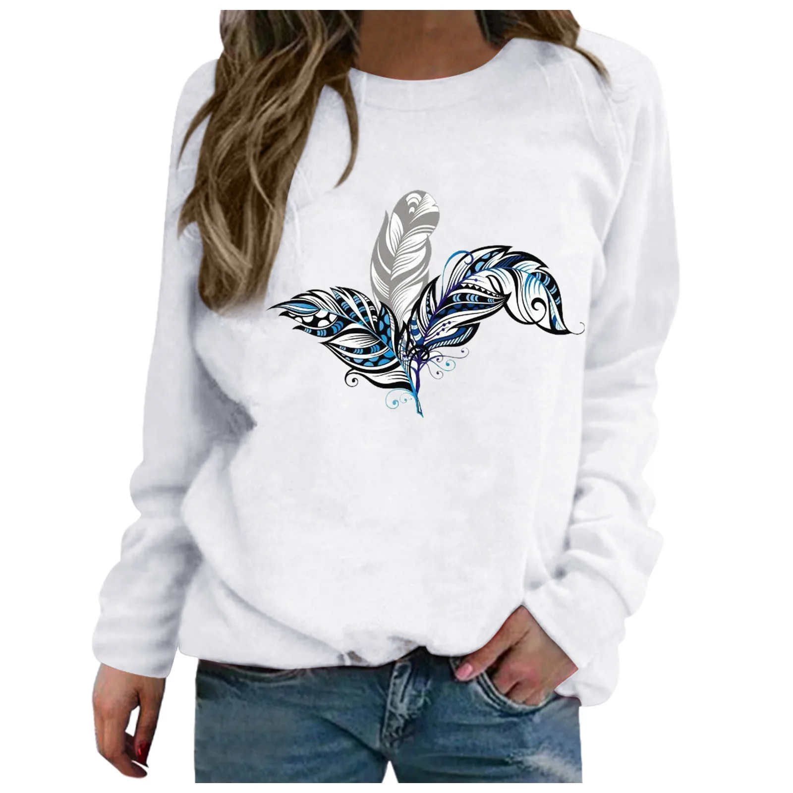 

SAGACE Hoodies 2021 Autumn Women's Feather Print Casual Solid Color Blouse Long-sleeved Sweatshirts