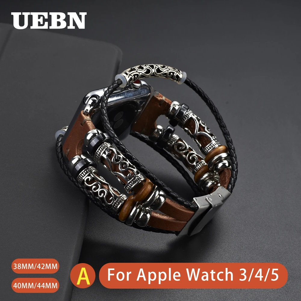 

UEBN Genuine Leather Band For Apple watch series 5 Retro With Jewelry Wrist 38mm 42mm 40mm 44mm Strap For iwatch 5/4 watchbands