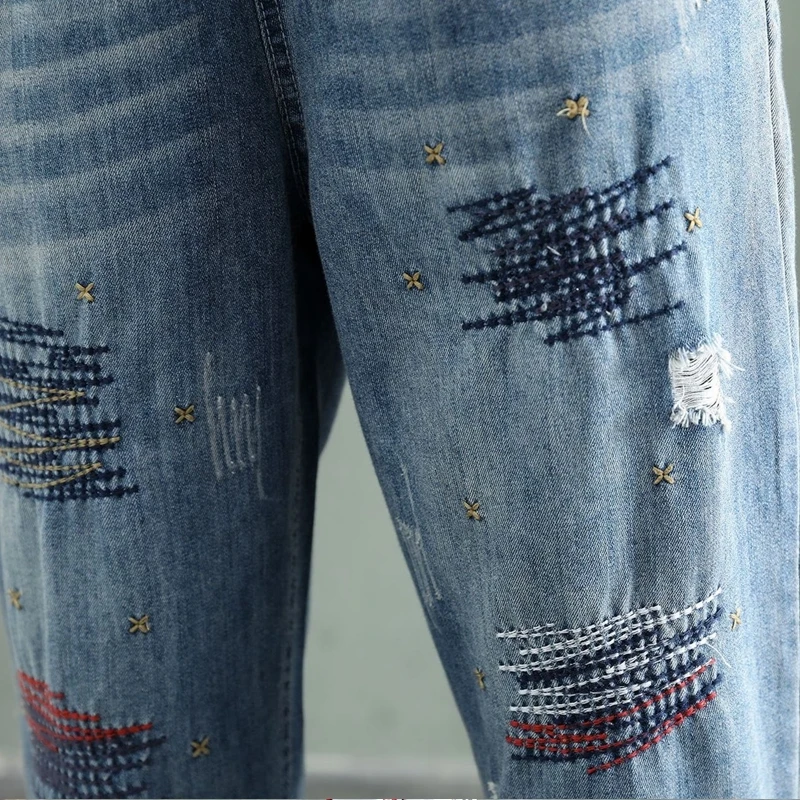 Женские рваные джинсы в винтажном ретро-стиле тонкие брюки до щиколотки с