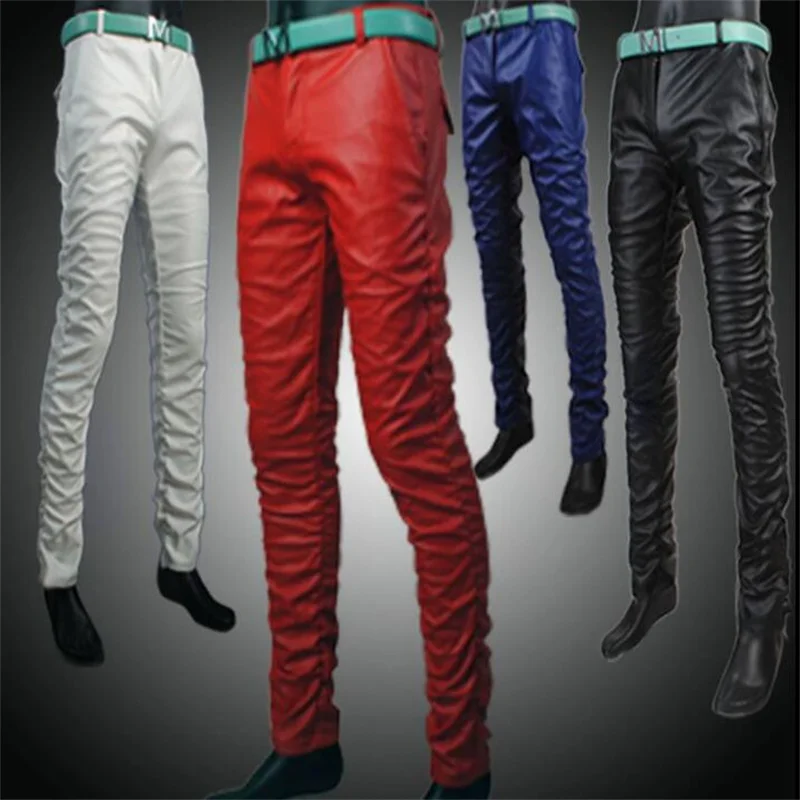 Spring autumn men's leather pants slim feet trousers korean motorcycle PU leather trousers new youth black white red blue
