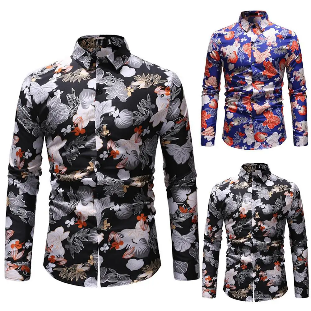 

Мужская приталенная рубашка с цветочным принтом, длинными рукавами и воротником на пуговицах