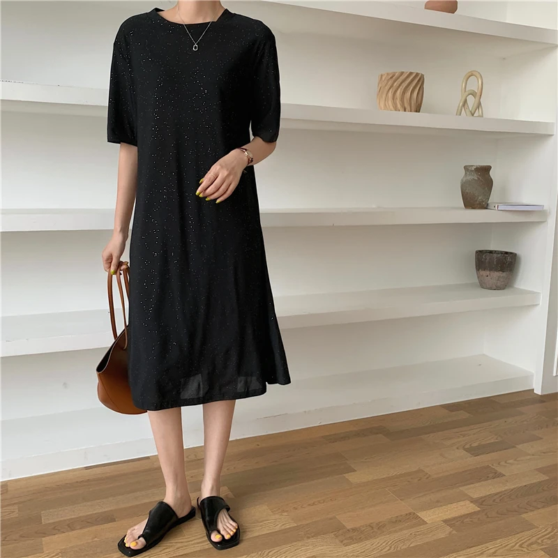 

Fashion Women Dress Summer Casual Elastic Loose Breathable Mid Length Dress O-neck Short Sleeve Sequin Black Long Dress Oversize