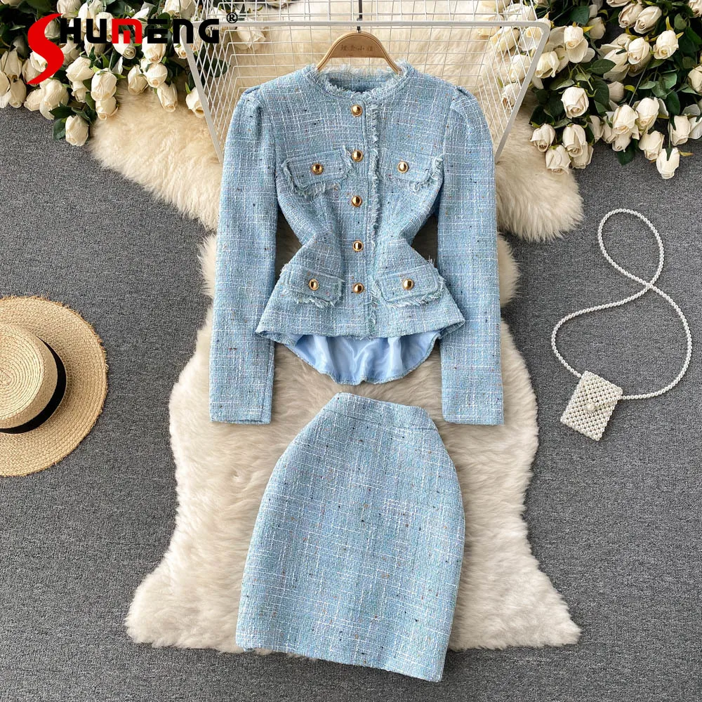 

2021 Fall Winter Female New Western High-Grade Tweed Short Coat Women's Fashion High Waist Sheath A- Line Skirt Two-Piece Suit