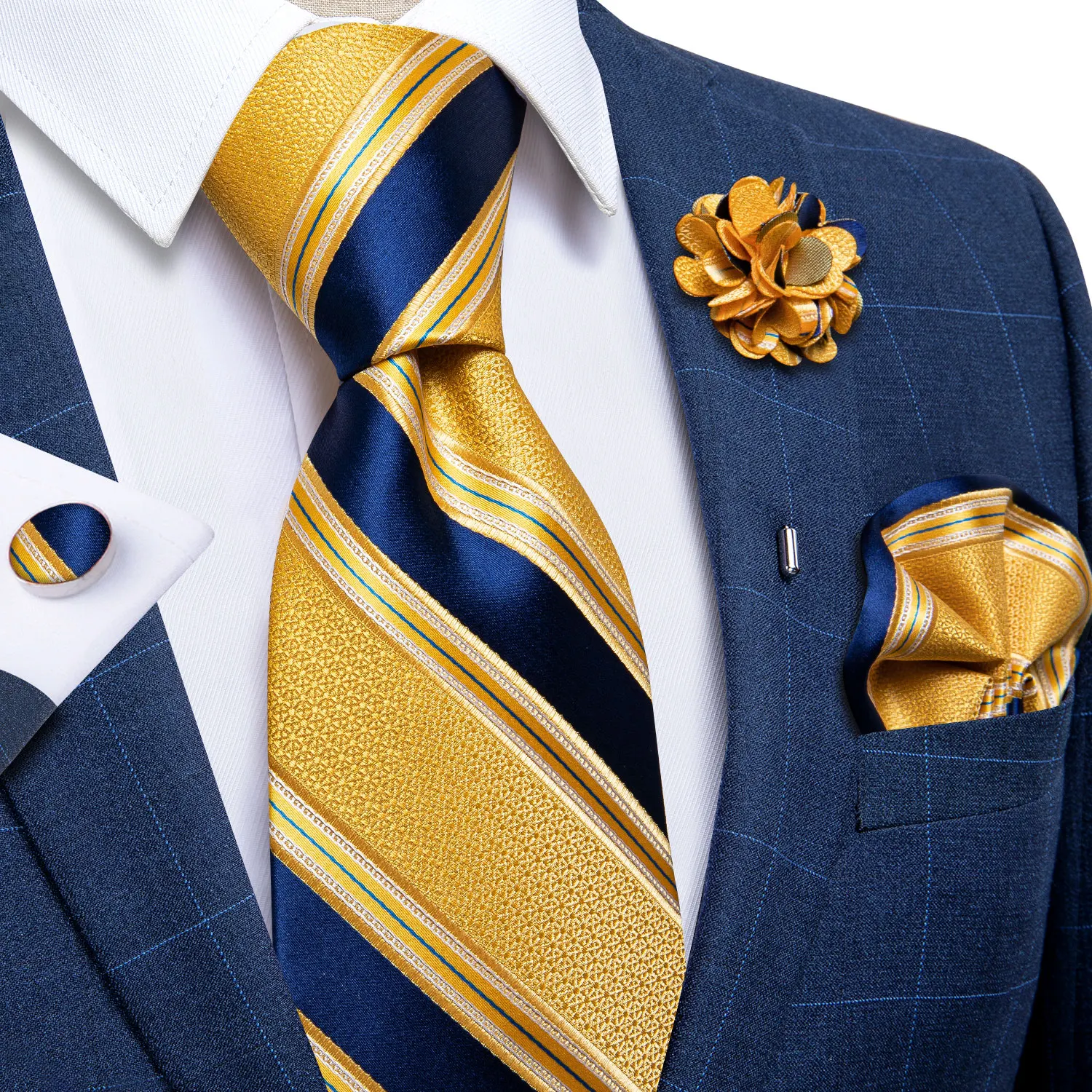 Модный мужской галстук, брошь, квадратный карман, набор, 8 см, желтый полосатый Шелковый галстук, роскошные галстуки для жениха, формальные, с...