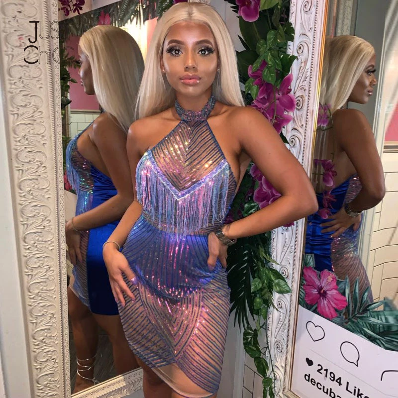 Justchicc серебристое женское блестящее платье с кисточками V образным вырезом