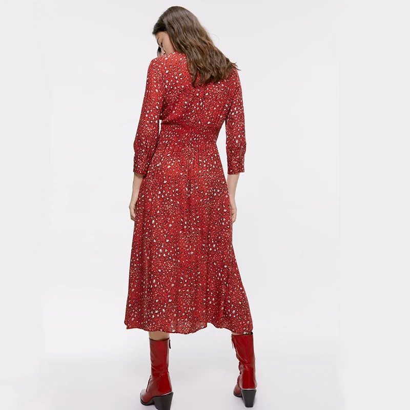 Ladyfirsy Za/2019 новые осенние платья с принтом животных и v образным вырезом красное
