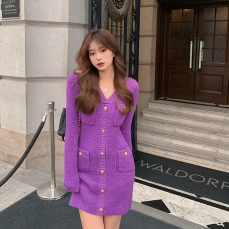 

Drop Shipping Women Solid Fashion V Neck Knit Buttocks Mini Dress 2021 Autumn Winter Ladies Single-Breasted Pockets Slim Dresses