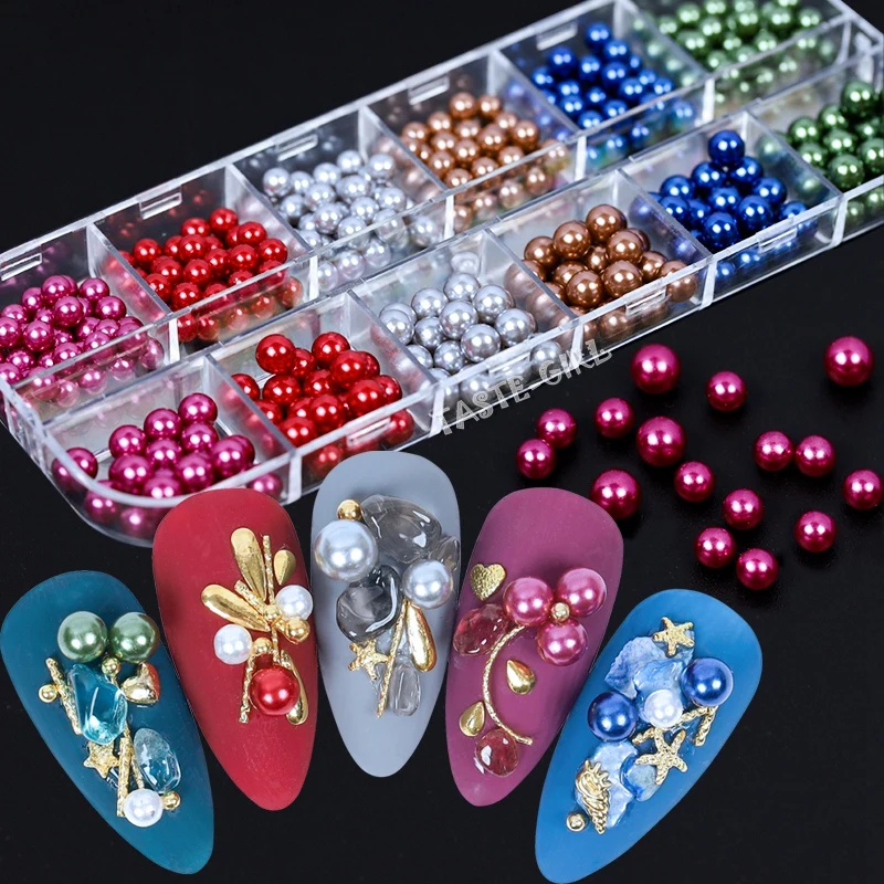 

12 Grids/Box 3D Pearls Mix Sizes Mult-Colors White Gray Silver Round ABS Nail Art Rhinestone Decorations Manicure DIY Tips