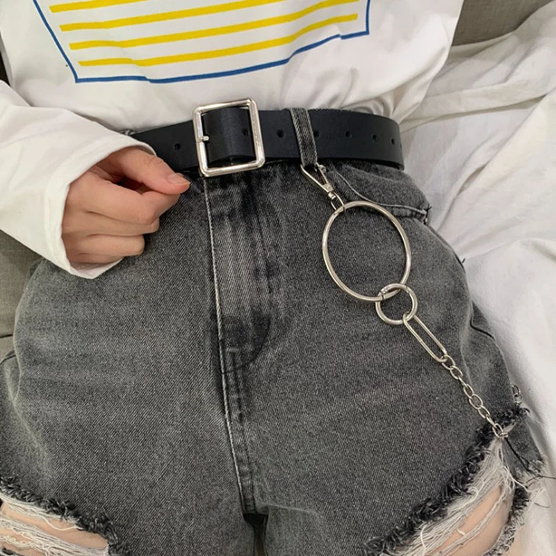 

Punk Style Square Buckle Belt For Women Fashion With Chain Decorative Belt For Jeans Pants Trousers