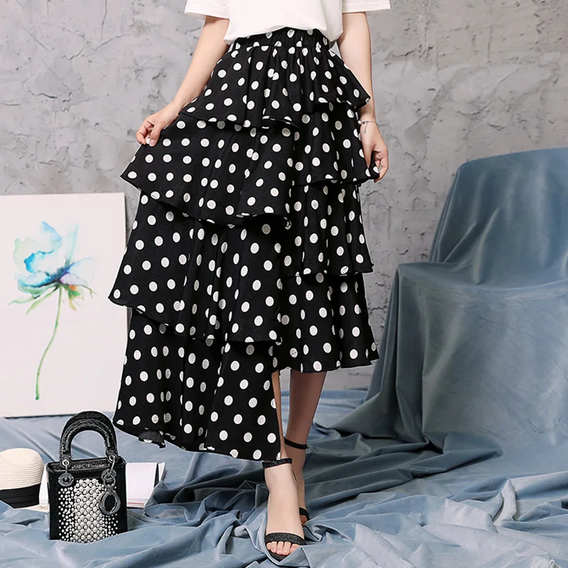 Женские многослойные длинные шифоновые юбки в горошек трапеции с высокой