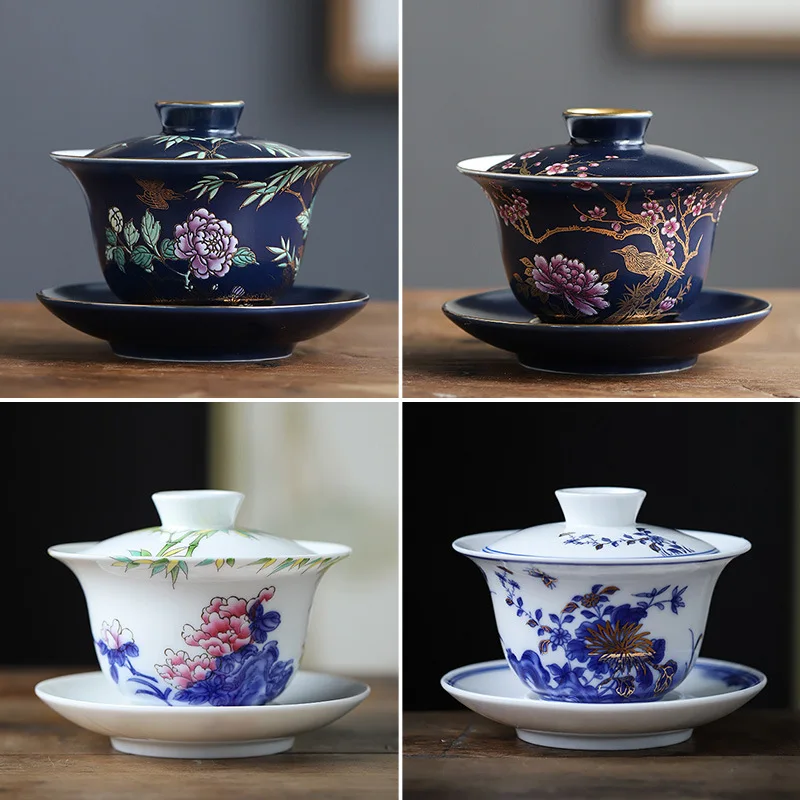 

Ceramic Gaiwan Porcelain Outline in Gold Art Bird Flower Cup with Lid Cover Saucer Kit Master Tea Set Drinkware Decor Crafts