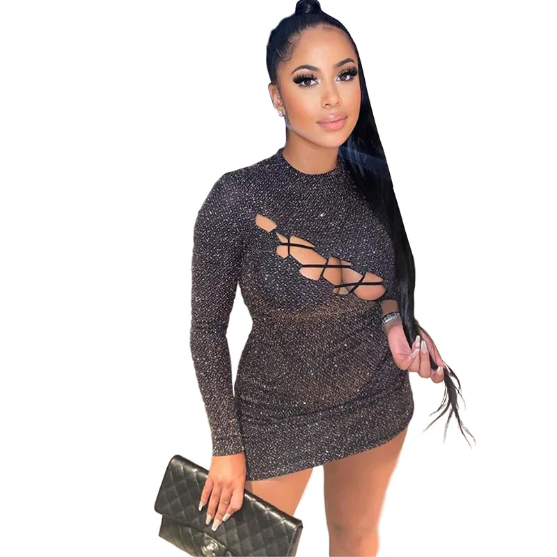 

Elegant Sexy Female Autumn knitting Dress Fashion Cross Hollow Bandage Ribbing Dress Simple Long-Sleeve Activity Wear