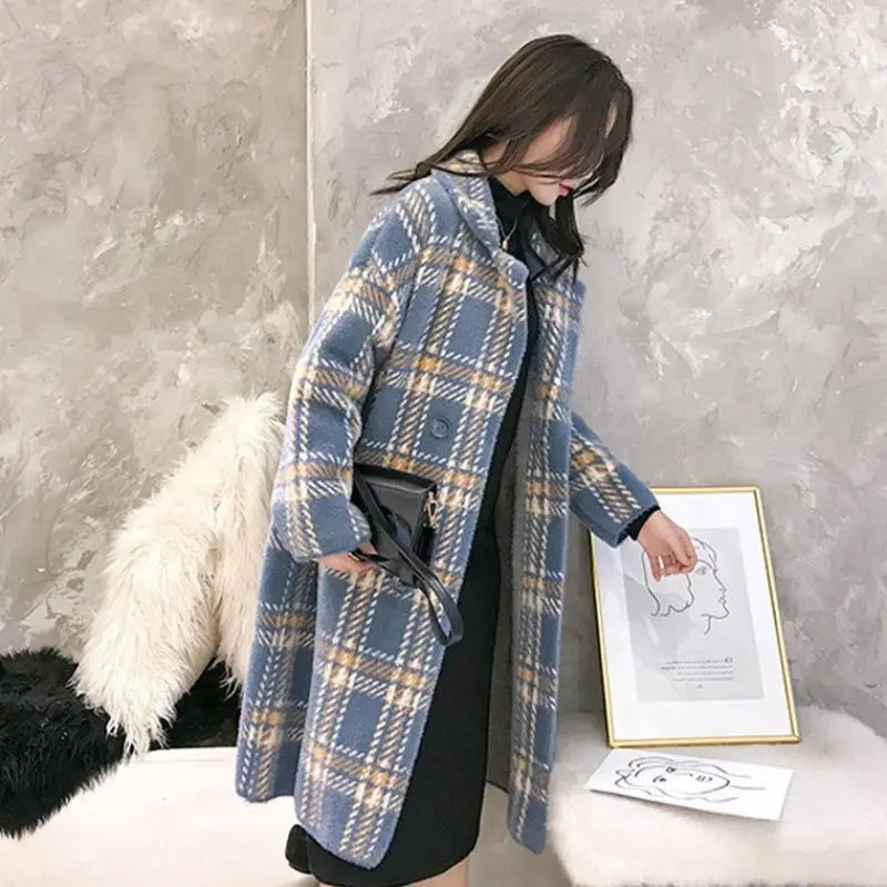

Autumn New Elegant Plaid Women Woolen Coats Female Long Loose Warm Outwear Ladies Fashion Casual Mink Fur Turn-down Collar Coats