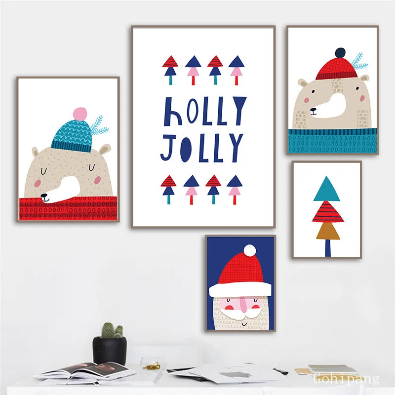 

Cartoon Christmas Cute Nordic Canvas Painting Sweet Modern Picture Wall Art Poster Kit Home Decor For Bedroom Living Room