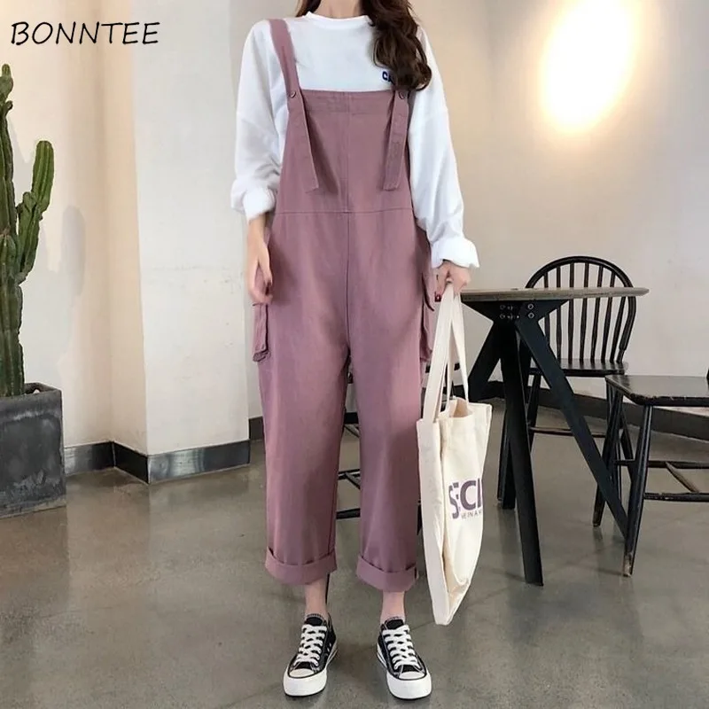 

Jumpsuits Women Solid Pink Ankle-length Simple Pockets Korean Style Lovely Popular Young Teens Basic Classic Casual High Street
