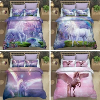 colorful horse rainbow bedding set fairy tale castle animal unicorn quilt duvet cover kids girl 23 pcs purple pink bedclothes
