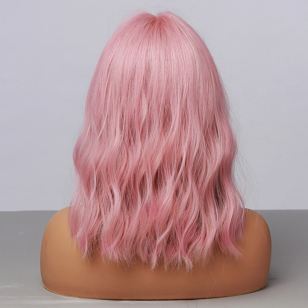 GEMMA Medium Wavy Synthetic Wig with Bangs for Black Women African American Natural Pink Bob Lolita Cosplay Heat Resistant Hair