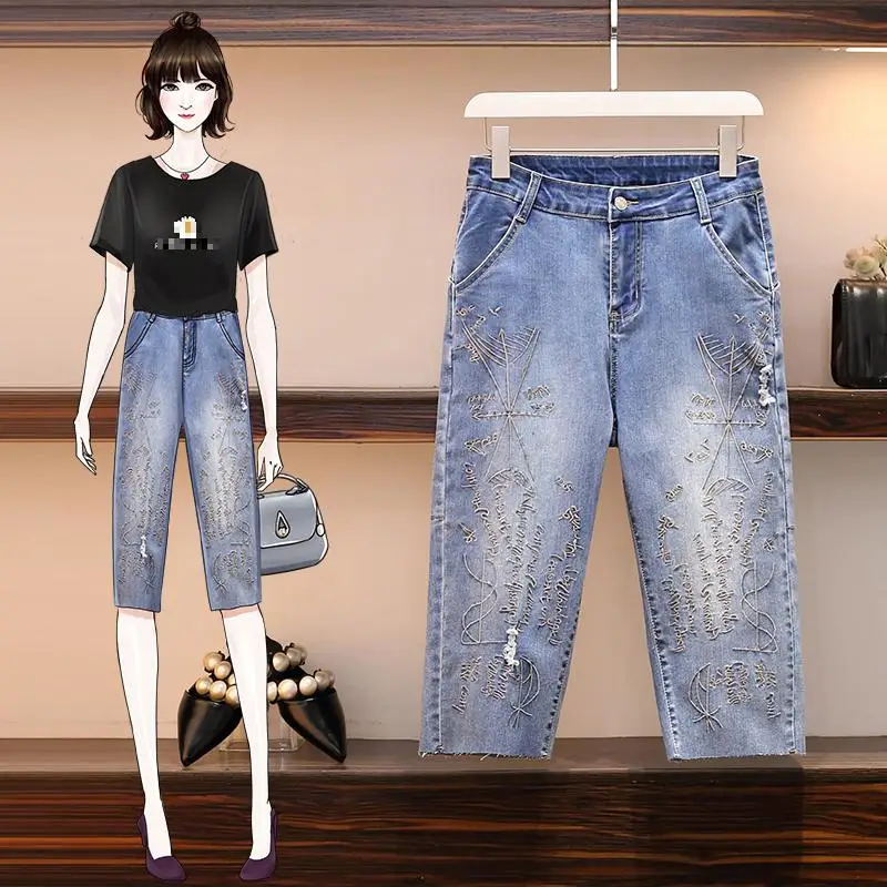 

Jeans Women's Summer Casual Button Fashion Embroidery Pattern Oversize High Waist Loose Wide Leg Women's Pants Capris 4xl
