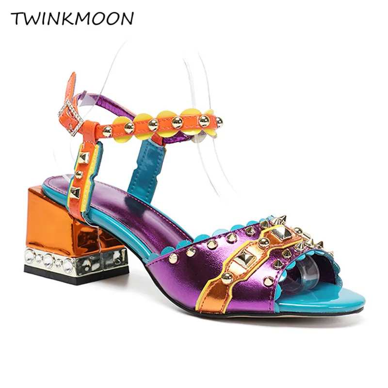 

Spiked Studded High Heels Sandals Shoes Women Design Color Mixed Open Toe Rivets Block Heel Sapatos Mujer Big Size 43