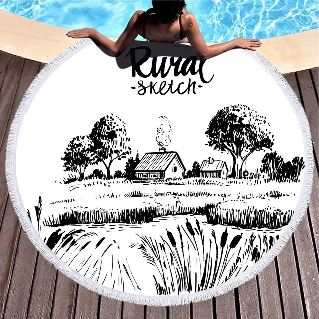 

Rural Landscape House Round Beach Towel Farm Sketch Microfiber Beach Towel With Tassel Ink Land Landscape Compressed Bath Towel