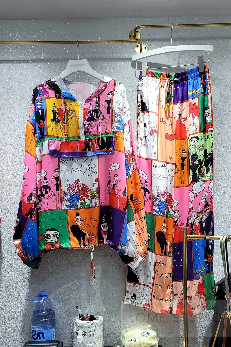 

Women Long Sleeve Carton Print Shirt 2021 Summer Thin Sun Protection Clothing Women's Cartoon Wide Leg Pants Two Pieces Set