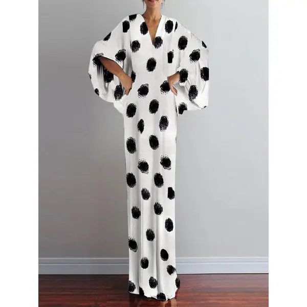 

Loose size women's V-neck medium sleeve print dress