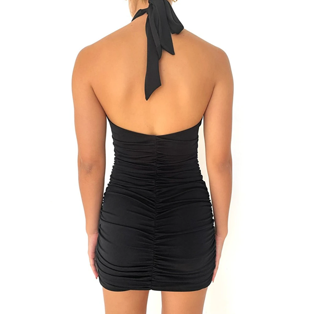 

Sexy Ladies Summer Backless Mini Dress Solid Sleeveless Sleeveless Halter Ruched Bodycon Dresses Women Cutout Hollow Party Club
