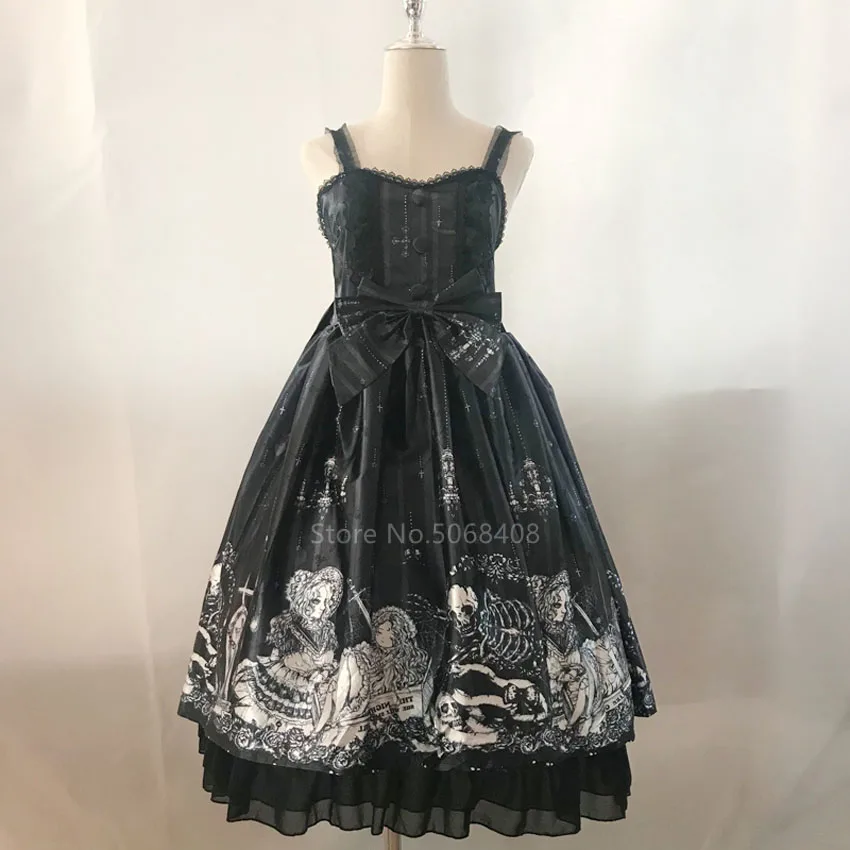 

Japanese Lolita Anime Gothic Palace Cosplay Costume Black Girls Print Jsk Strap Dress Sleeveless Ruffle Renaissance Dress Socks