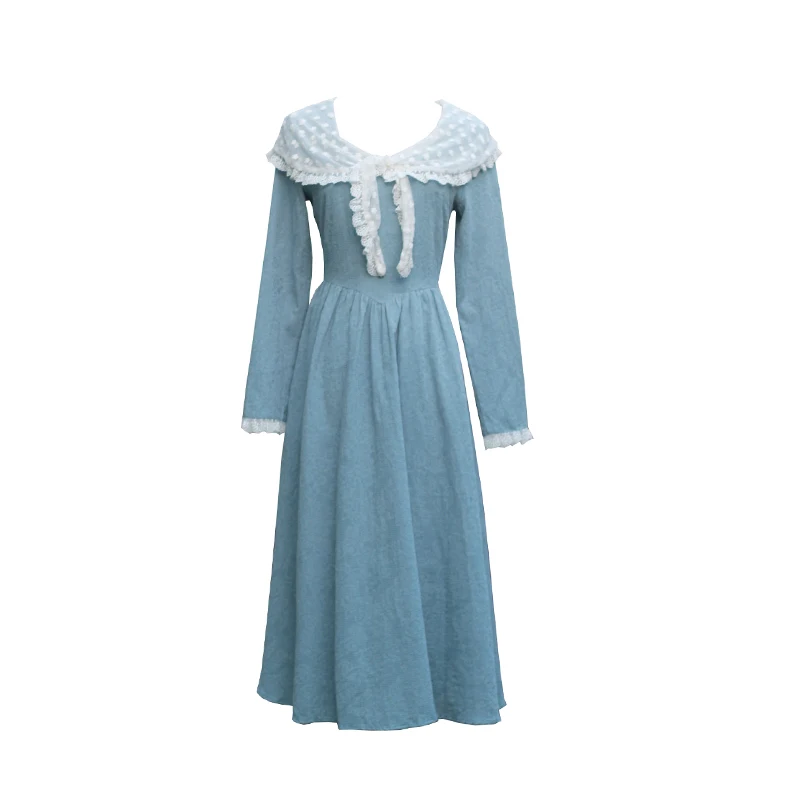 

Elegant Lady Blue Dress Korean Design Lace Petal Sleeve Casual Midi Dresses For Slim Lady Vintage Retro Faldas Vestido Longo