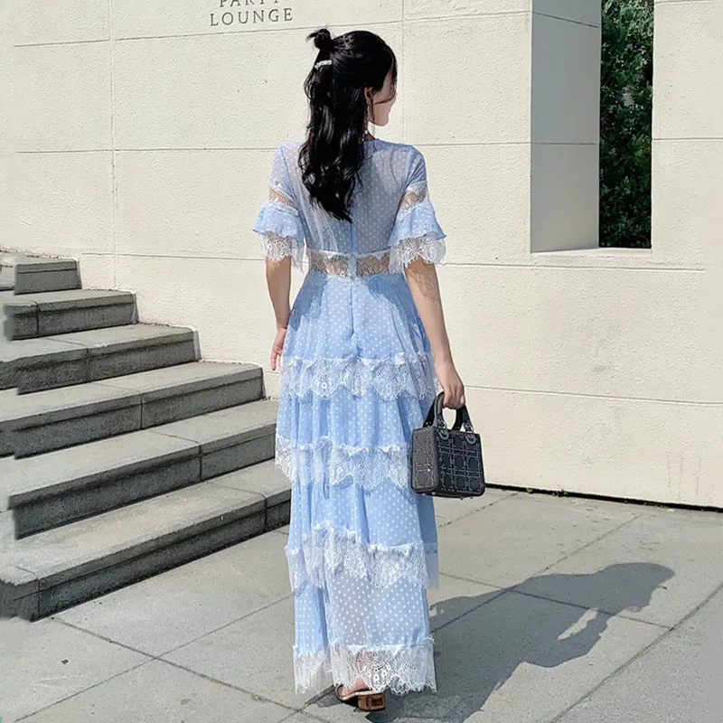 

Lace Patchwork Ruffle Trim Polka Dot Summer Long Dress Women Flare Sleeve V Neck Fit and Flare Holidays Ruffles Layer Cake Dress