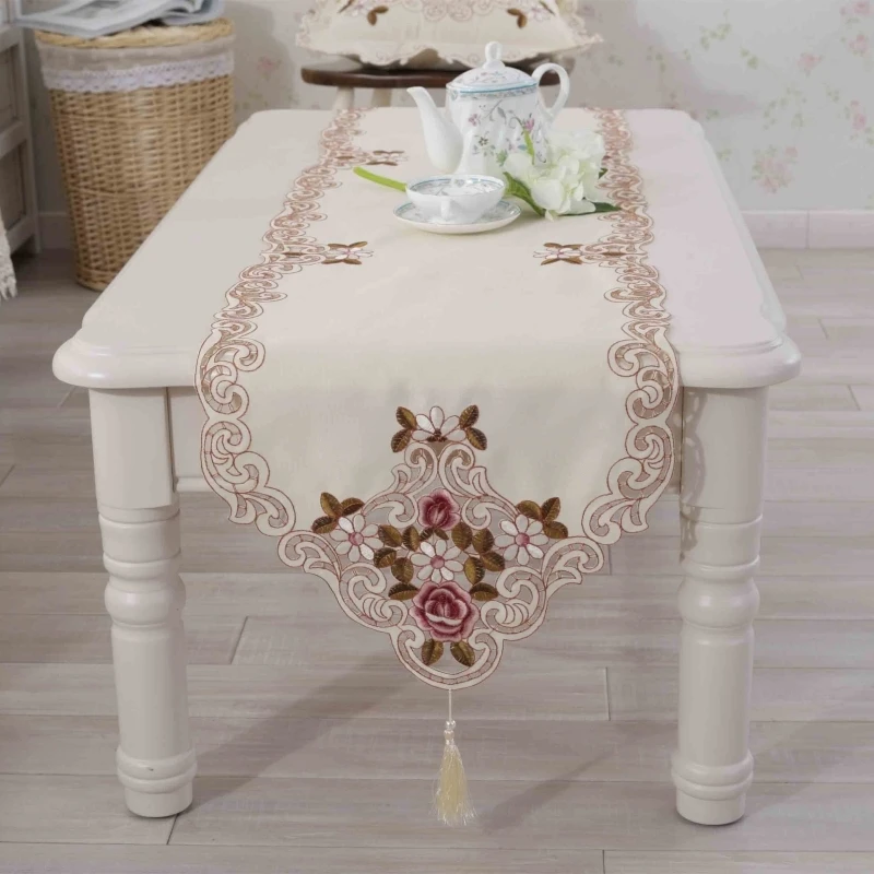 

Exquisite Satin Fabric Pink Flower Embroidered Tablecloth Table Runner Cream for Tea Table TV Cabinet Bed Home Decoration