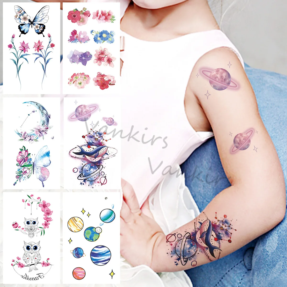 

Акварельные Временные татуировки с Китом в космосе для девочек, детей, Мультяшные бабочки, кошки, кластеры, искусственные татуировки для но...