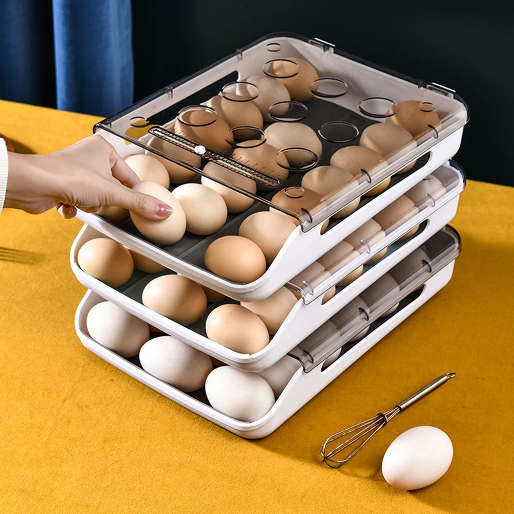 

New Automatic Rolling Egg Box Kitchen Items Refrigerator Storage Organizer Household Transparent Drawer Tray Space Saver
