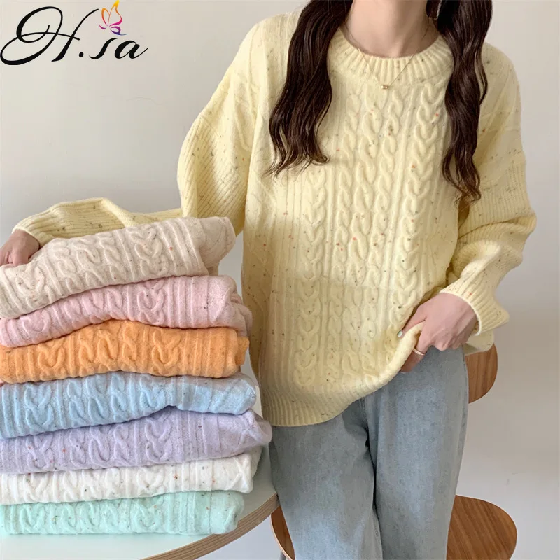 

Hsa свитер, пуловеры для женщин, осенне-зимний Свободный пуловер, трикотажная одежда с круглым вырезом, однотонная верхняя одежда в Корейском...