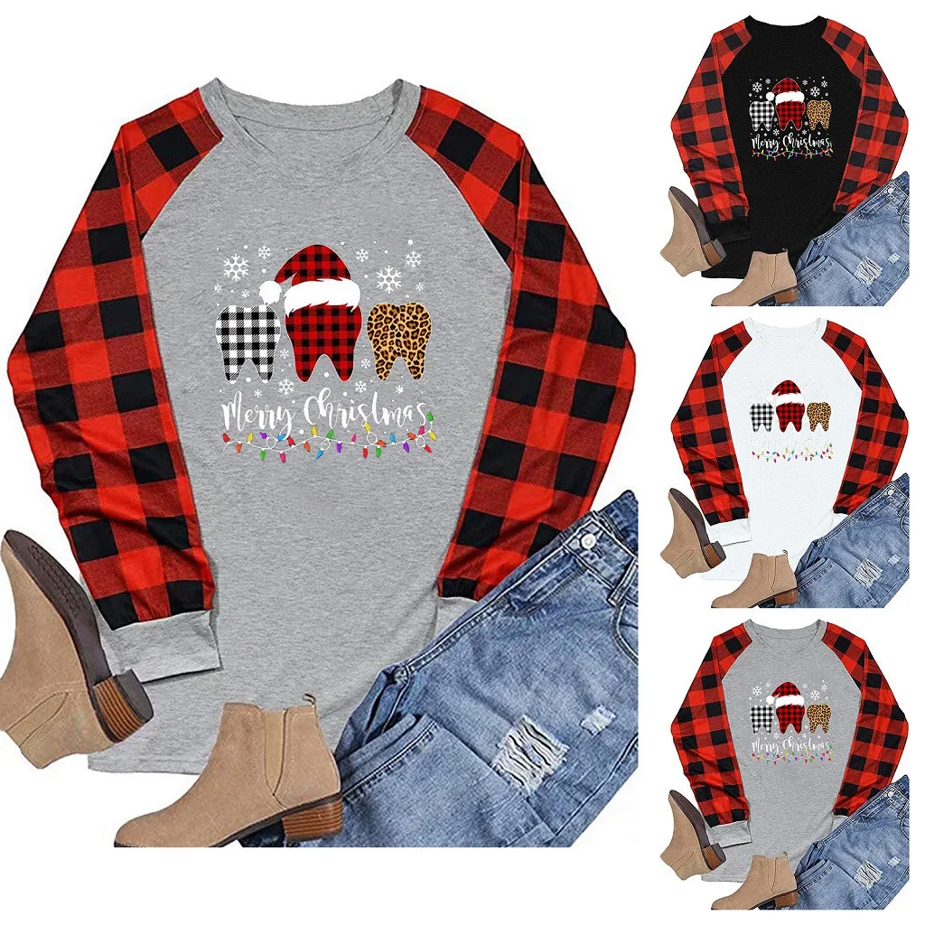 Женский Повседневный Рождественский свитер в клетку с длинным рукавом реглан 2020